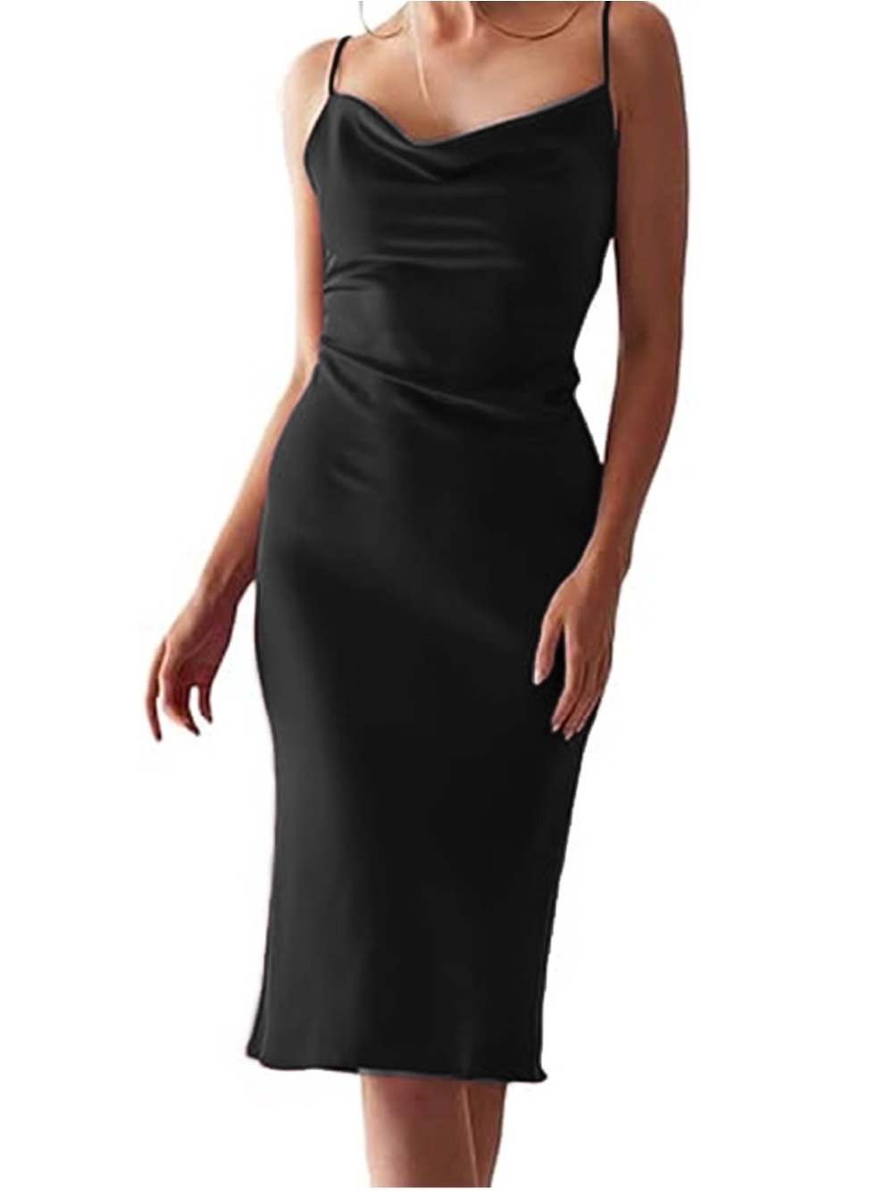 Chic Black Slip Midi Dress with Cowl Neck